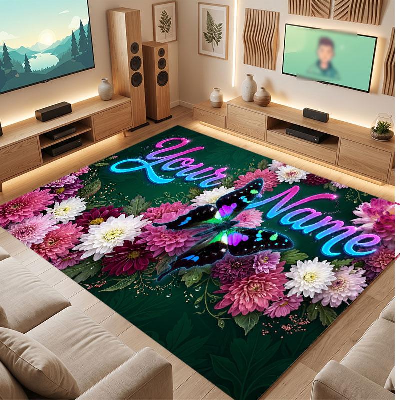 Butterfly Theme Crystal Velvet Floor Rug Personalized Custom Name Text Warm Carpet Home Decoration