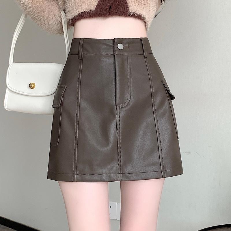 

Pu Высокая талия Весна осень зима повседневная мини для женщин юбки женская юбка XL кофейный