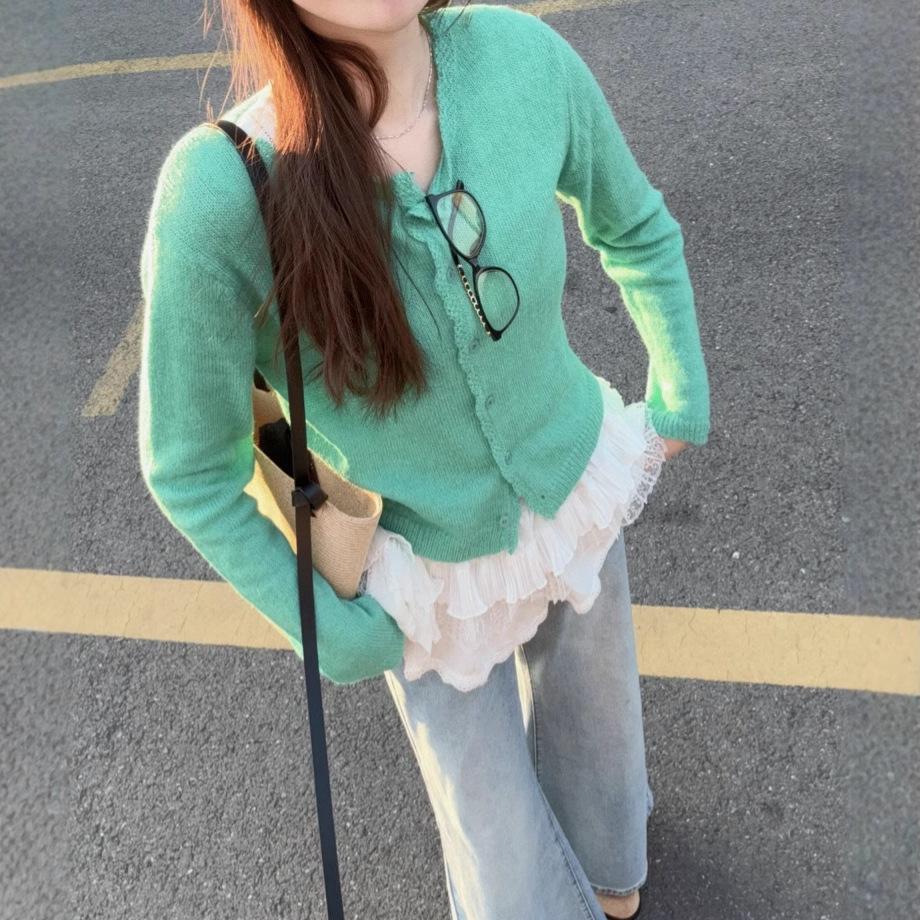 

Нежный кардиган из вязаного кружева яблочно-зеленого цвета, женский тонкий, для девушки, весенне-осенний, милый, маленький, свежий топ Average size 53-91