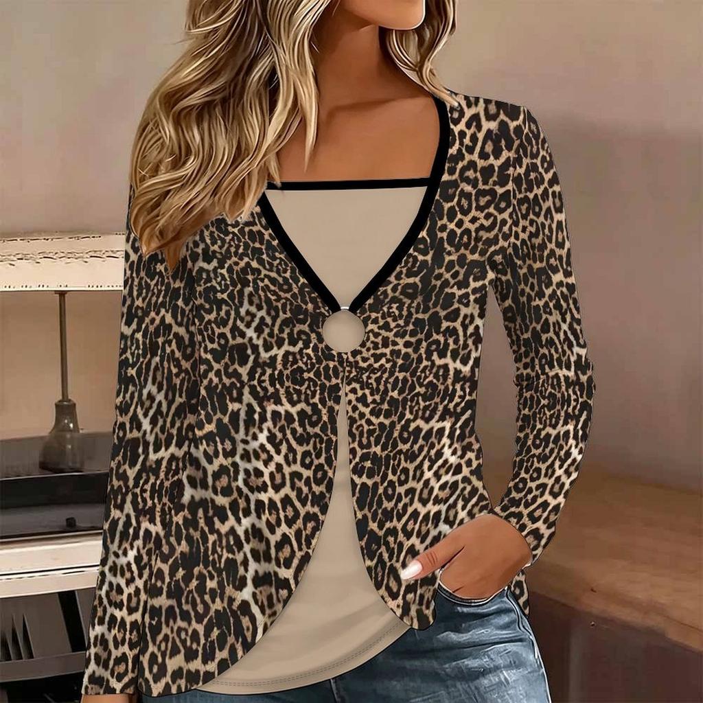 Tops for Women Leopard Print Long Sleeve Fake Two‑Piece Top Fall Casual Slim Pullover Women's Long Sleeve Top