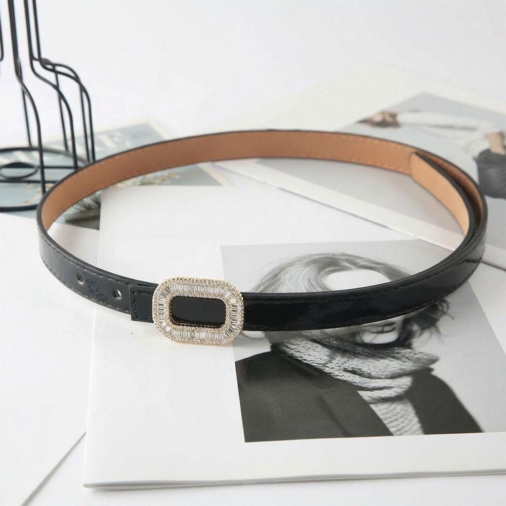 Fashion Rhinestone Buckle Women's PU Belt Thin Oval Leather Thin Waistband Luxury Design Waist Strap Dress Matching