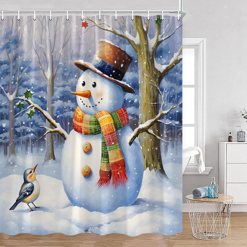 Funny Christmas Shower Curtain Red Santa Claus Cute Blue Snowman Winter Forest Landscape Cloth Home Bathroom Decor Bath Curtains