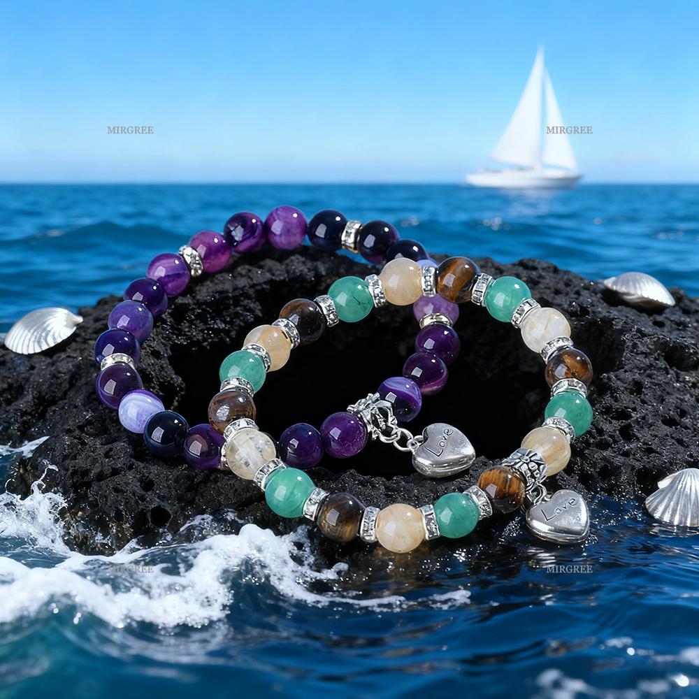 2pcs Bracelet Set, Multi-layer Bead Bracelet with Silver Heart Pendant, Ideal Gift for Crystal Enthusiasts and Bohemians