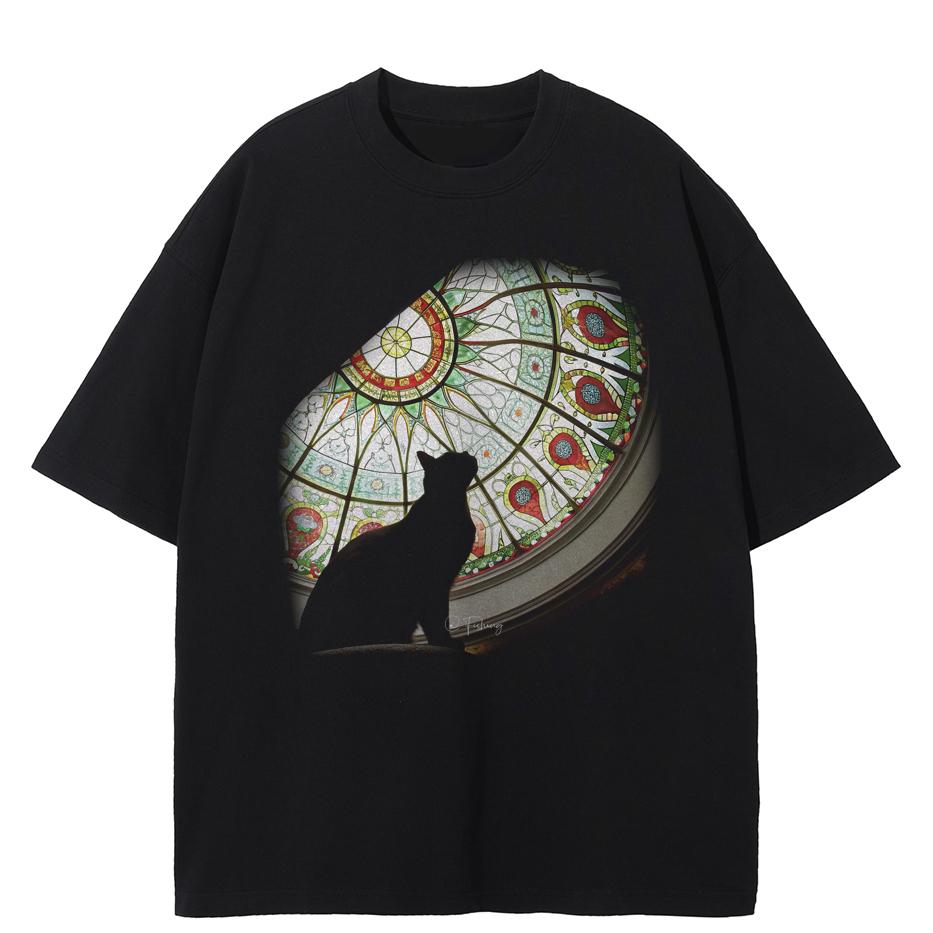 

Streetwear Stained Glass & Cat Graphic T-Shirt Cotton Tshirt Unisex Tops Tees Summer Short Sleeves T Shirt - Men s Summer Cot... 5XL різнокольоровий