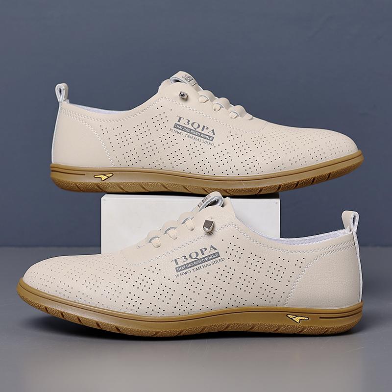 Summer Comfort Punching Leather Men Shoes Casual Lightweight Lace Up Men Leather Oxford Shoes Breathable Comfortable Flats Shoes