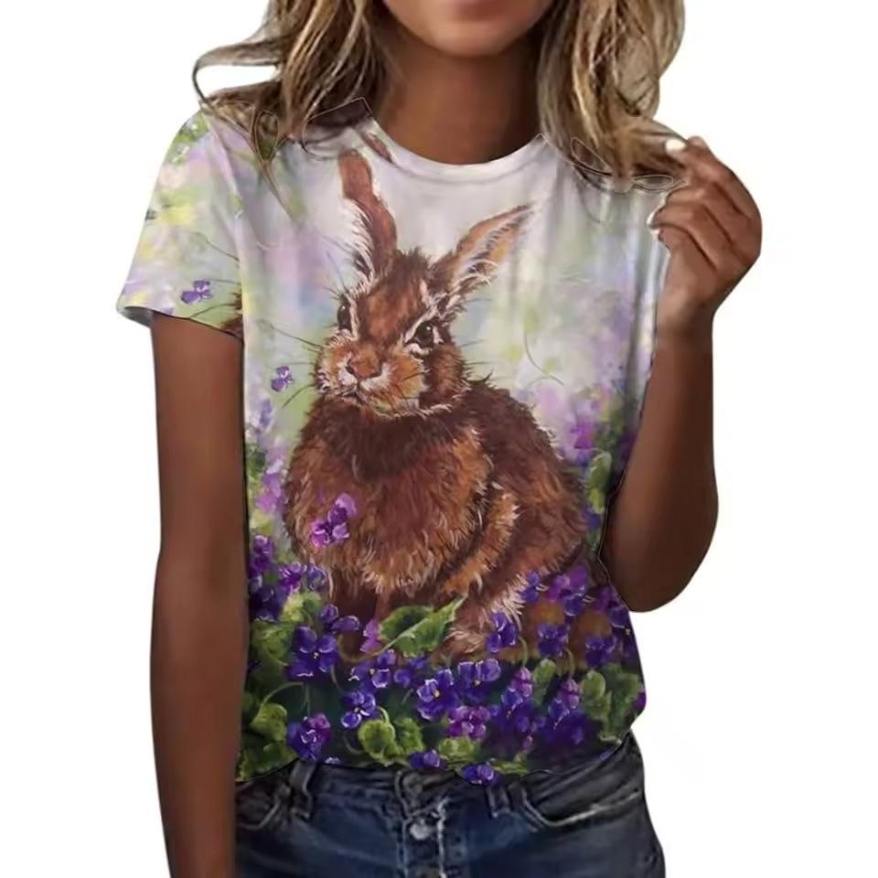 Rabbit Print Women's Top Crew Neck Short Sleeve Comfortable T-Shirts Women’s