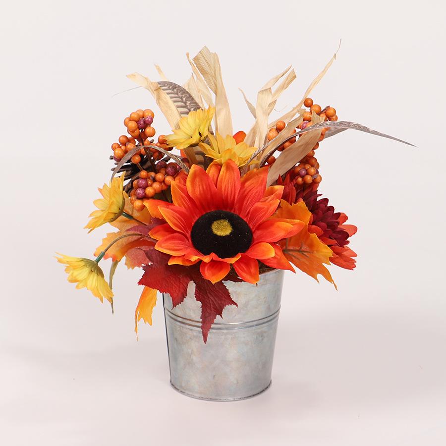 Artificial Sunflower Harvest Festival Centerpiece in Iron Bucket