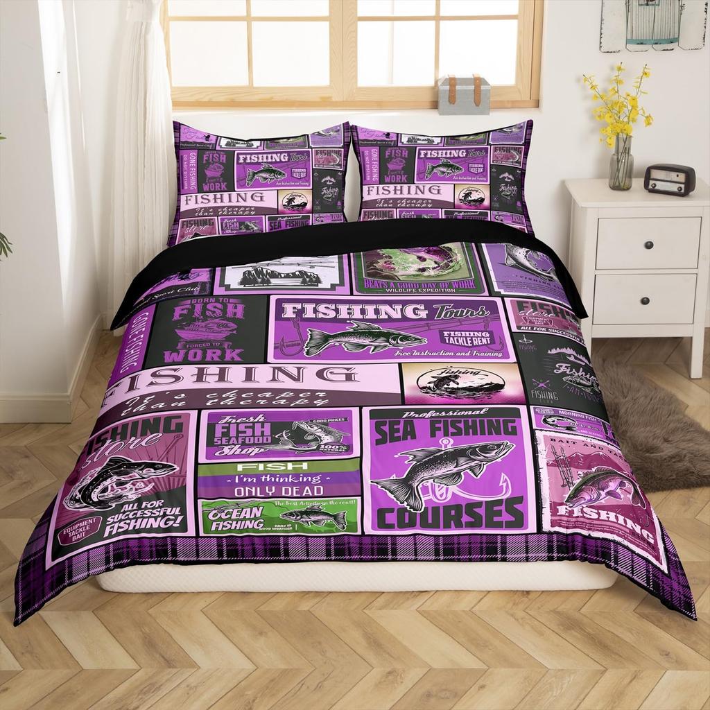 Set Biancheria da Letto Decorativo a Tema Pesca e Caccia per Bambini, Dimensioni Matrimoniale, Copripiumino per Ragazzi, Decorazione Camera da Letto Adolescenti, Set da 3 Pezzi, Senza Piumone