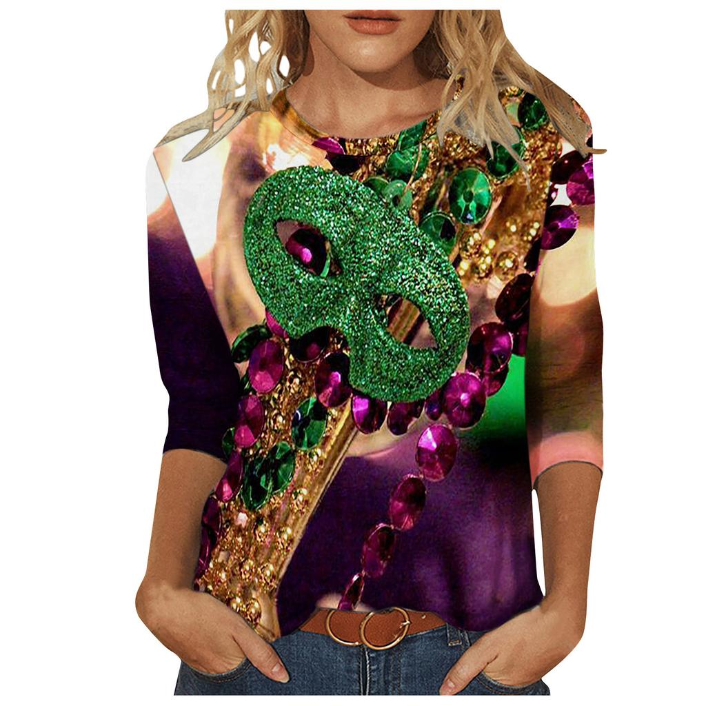Long Sleeved Glamorous Mask Patterned Top Carnival Themed Printed Women's T-shirts