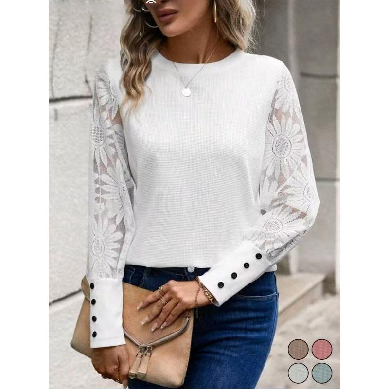 Women Winter Button Solid Color Long Sleeved Women Pullover Round Collar Jacquard Black Shirts Comfortable Flowers Woman Clothes