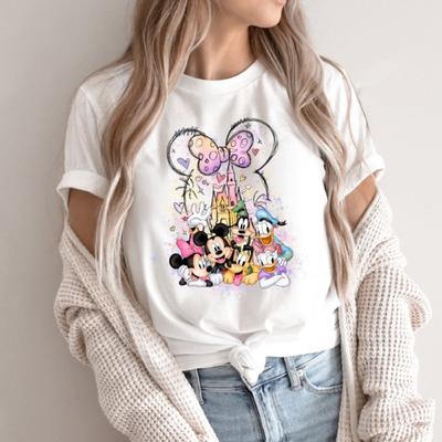 T-shirt Château Minnie Mouse Royaume Magique Famille Manches Courtes Vintage Américain Mode Femme Été Décontracté