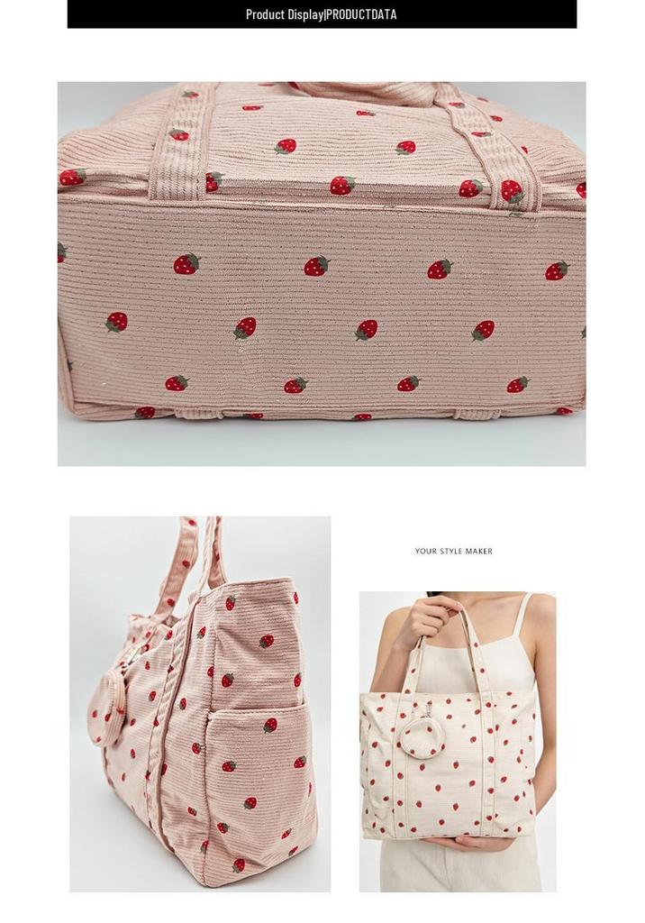 Cute Strawberry Floral Canvas Shoulder Bag for Students with Large Capacity