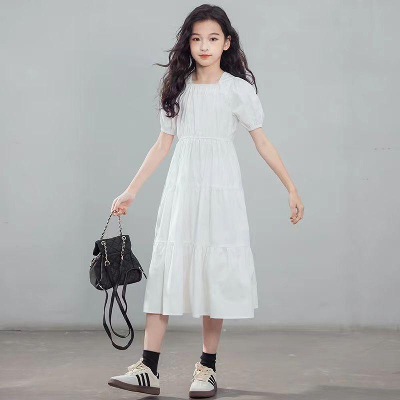 Summer Princess White Black Dress Boat Neckline Short Sleeve Backless Kids Children Teens 5-12 Years