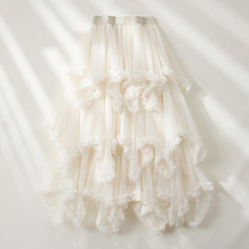 French Romantic Elastic Waist Ruffle Tiered A-Line Midi Skirt