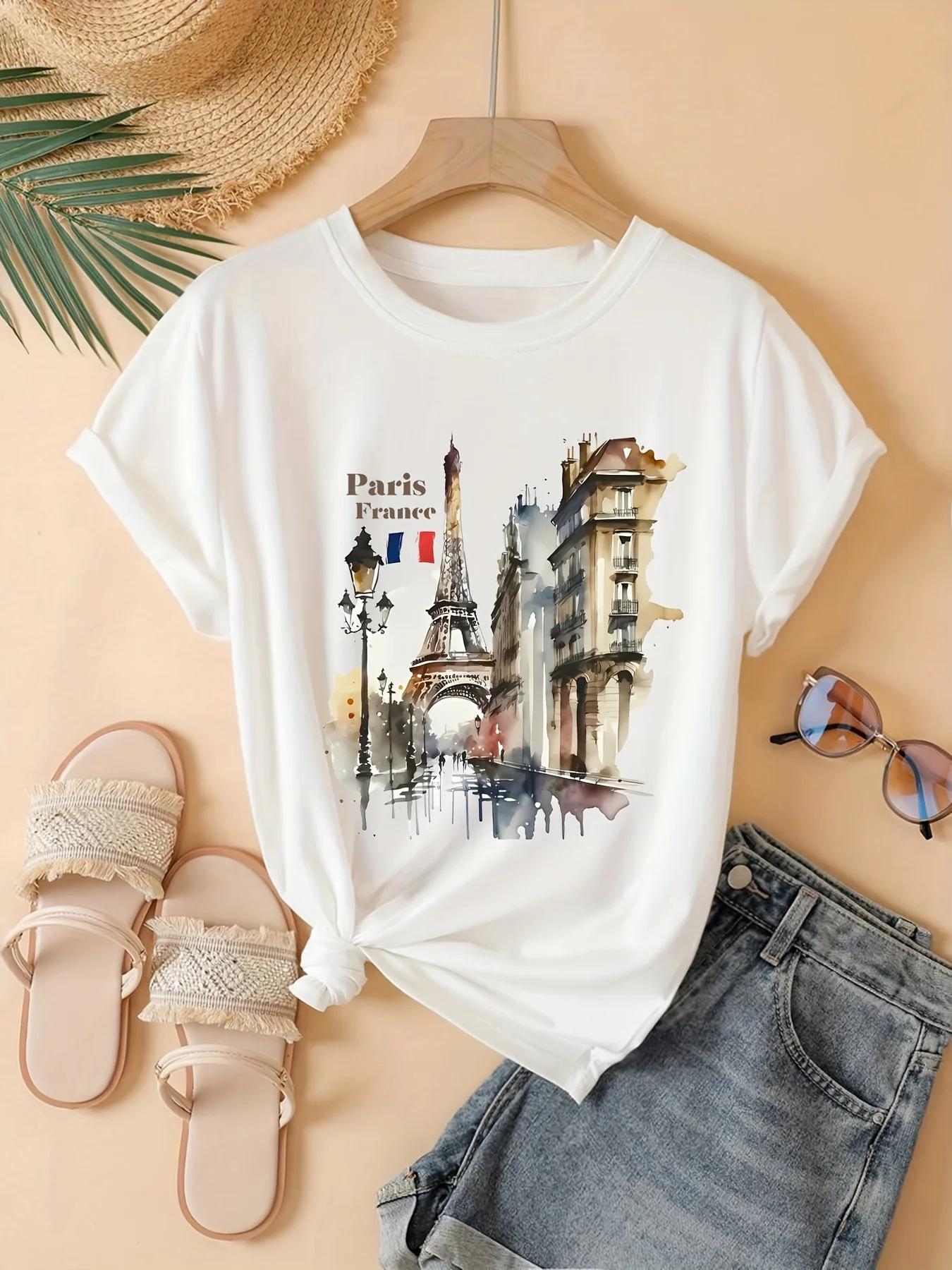 

Женщины - Повседневная коллекция рукавов Идеальный парижский сувенир Летняя мода Парижский шарм Футболка с акварельным принтом Эйфелевой башни 4XL
