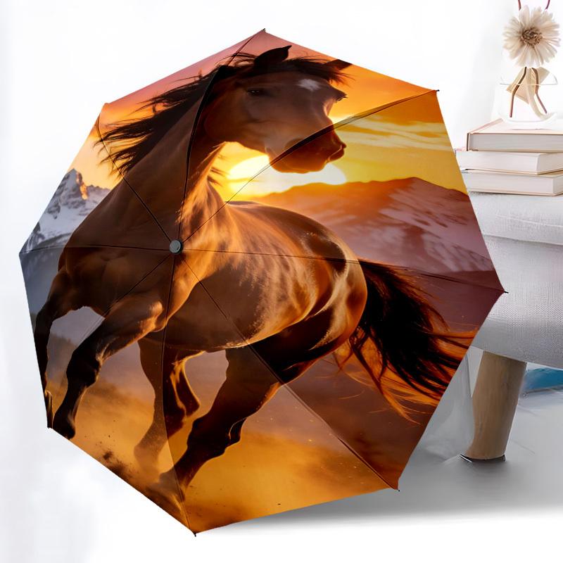 1pc Horse Sunset Automatic Folding Umbrella Portable Collapsible 8-Rib Umbrella for All Seasons, Casual Outdoor Accessory, B58