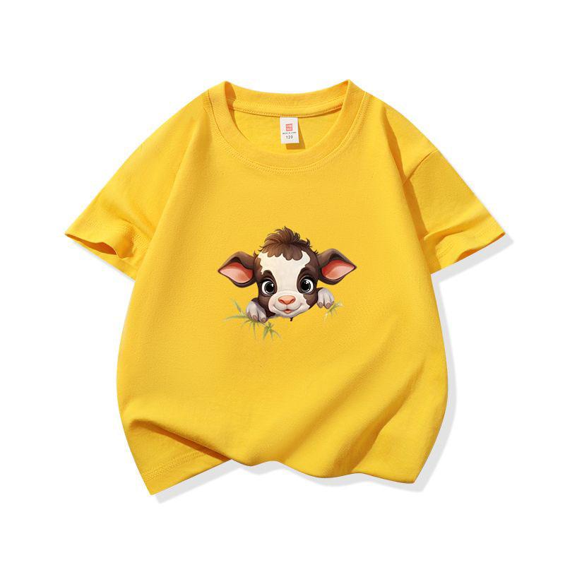 Kids Cotton T Shirt Brown Baby Cow Peeking Over Grass Print Crew Neck Short Sleeve Tee Casual Boys Girls Summer Tops