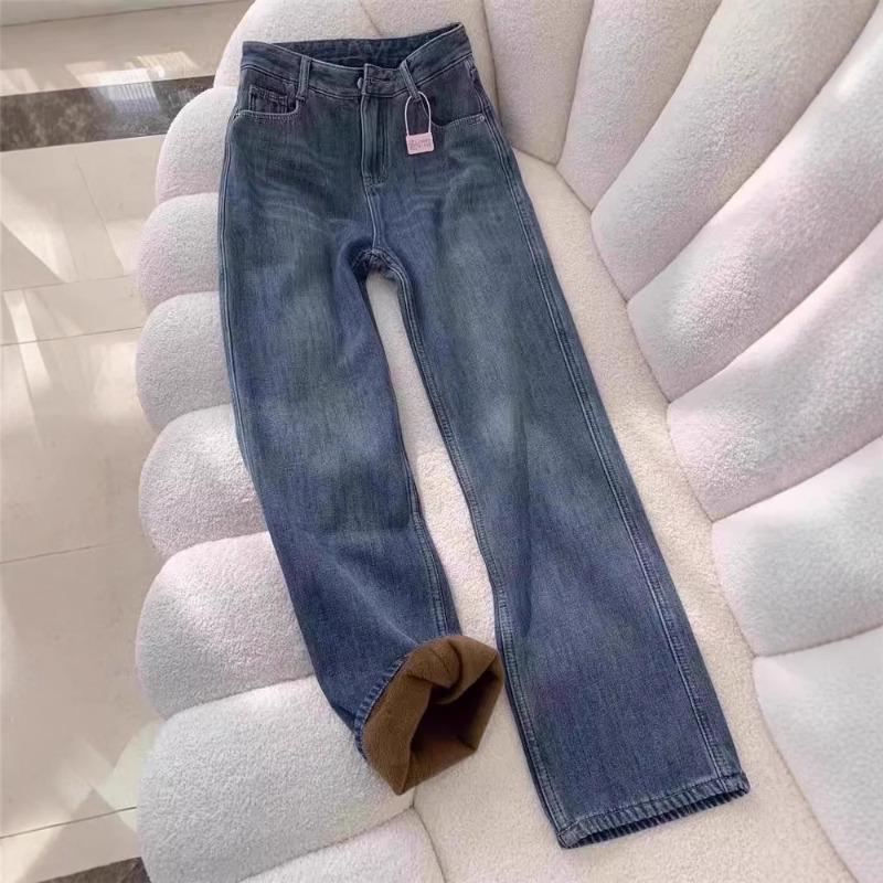 Fleece Thickened Narrow Straight-leg Jeans Women's Winter M High-waisted and Thin Versatile Wide-leg Pants