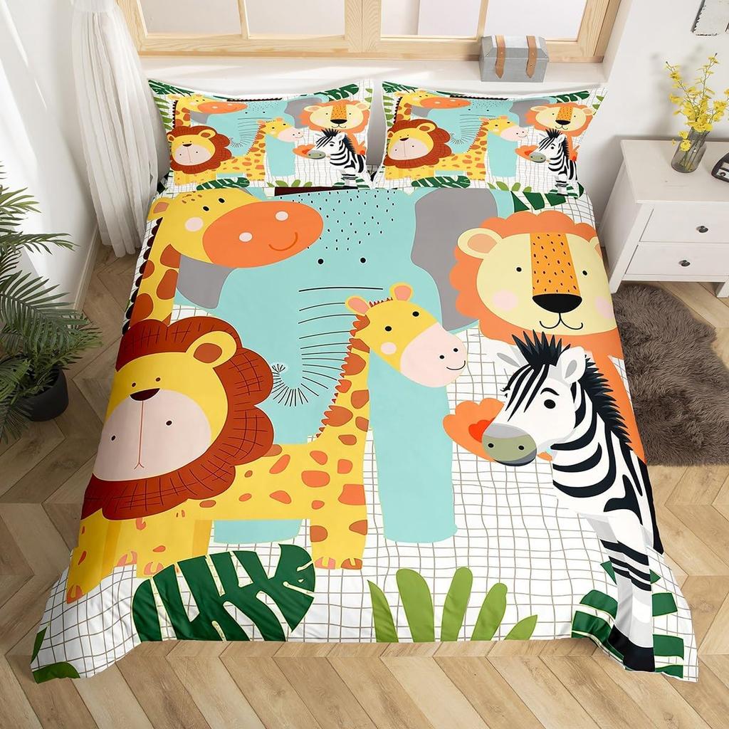 Kawaii Lion Duvet Cover Set Twin King For Kids Boys Girls Cartoon Animal Bedding Set Microfiber Wild Animals Theme Quilt Cover