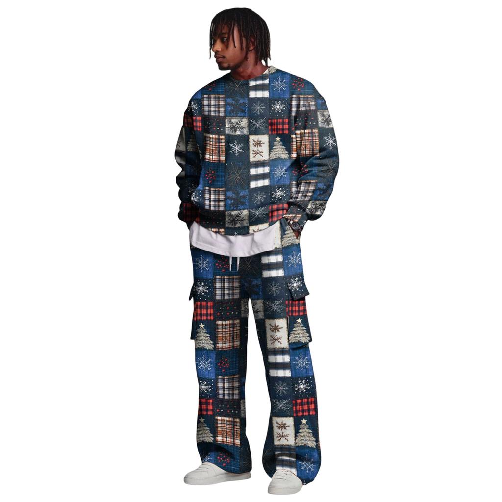 Men's Layer Crewneck Sweatshirt and Cargo Pants Set with Elastic Waist