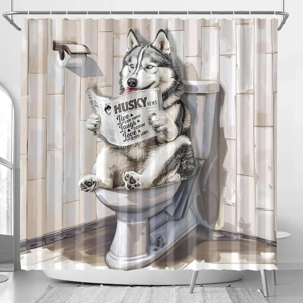 Funny Husky Shower Curtain Humor Husky Animal Sitting On Toilet Reading Newspaper Shower Curtains  Shower Curtain for Bathroom