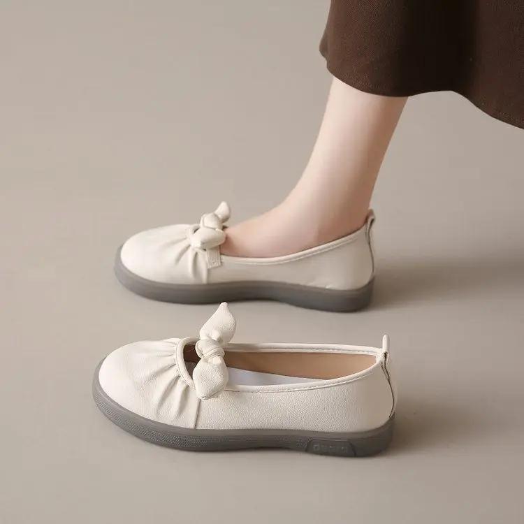 Fashion Low Heel Elegant With Bow Shoes for Women Office Slip-on Leather Casual Beau Today Chic Quick Delivery Young Popular Woman Flats