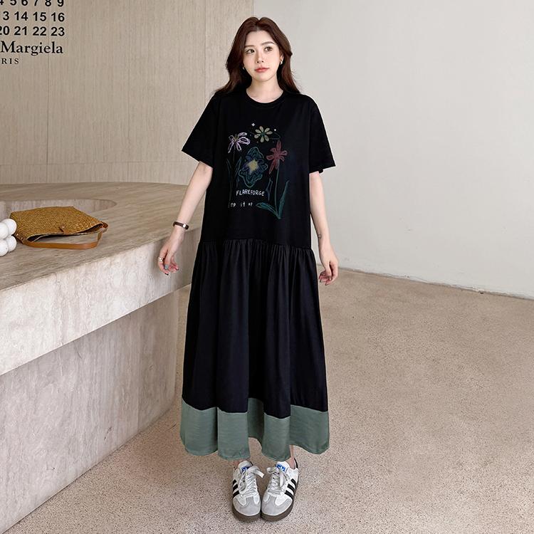 DIMANAF 2026 Plus Size New Dress Summer Women Lady Shirt Dress Floral Loose Beach Casual Long Dresses O-Neck Black
