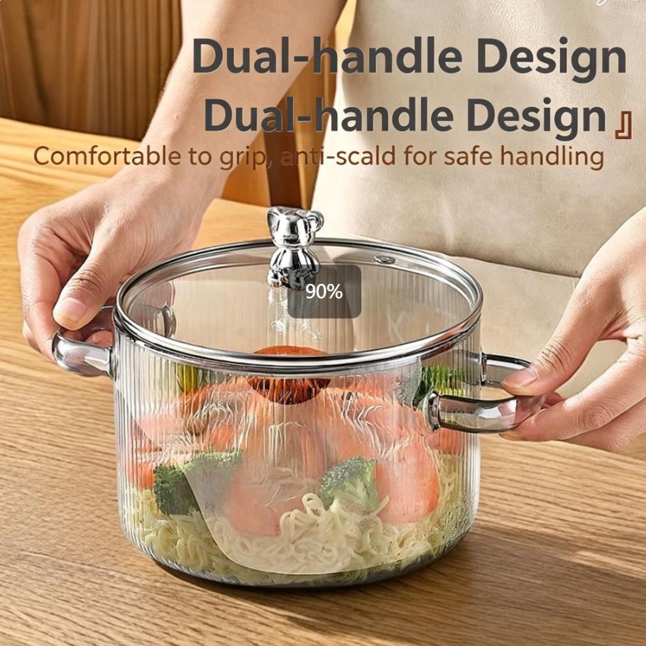 1.6L High Borosilicate Glass Pot, Clear Vertical Striped Cooking Pot, Double Handle Stovetop Pot for Soup Noodle Stew, Microwave & Cooker Safe