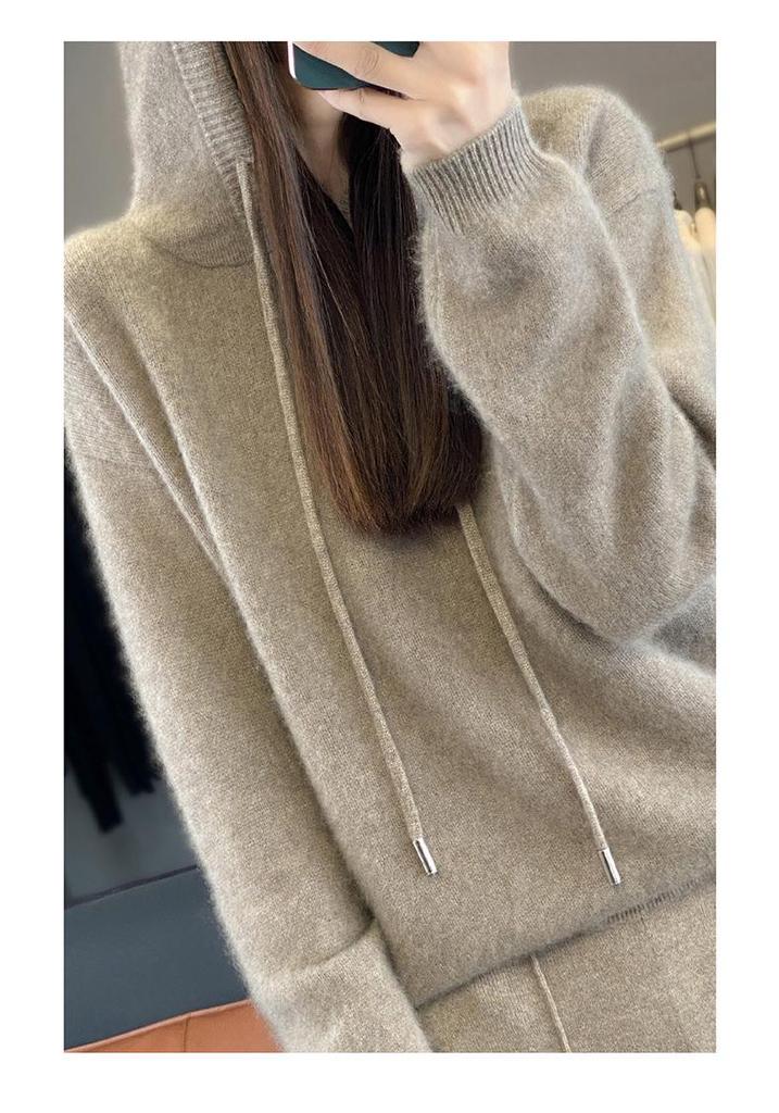 100% Reine Wolle Damen Locker Gestrickter Hoodie - Herbst/Winter 2025