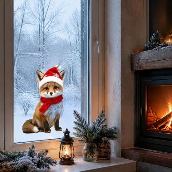 Durable Holiday Window Stickers Christmas Animal Static Clings, Cute Cat/Puppy/Racoon Stickers, PVC Winter Home Accents Waterproof Glass Sticker