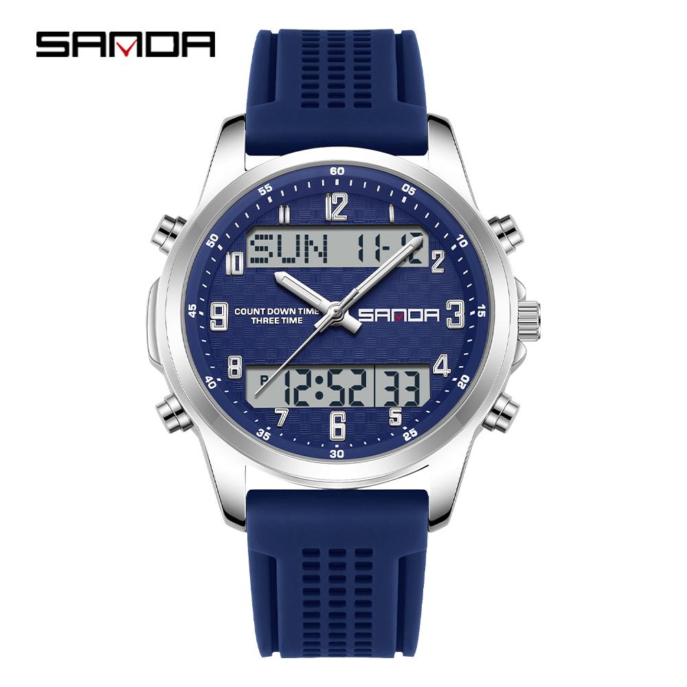 SANDA 9119 Dual Display Steel Belt Watch Men's Double Movement Multi functional Timing Night Light Alarm Clock 5ATM Waterproof-2