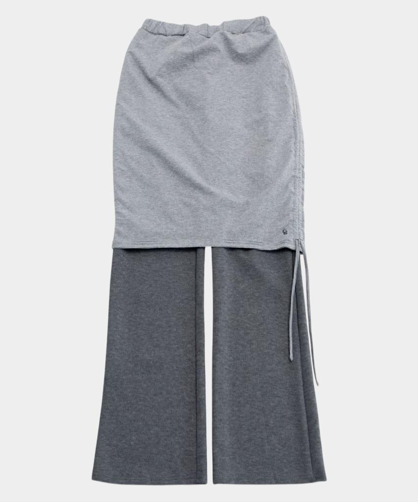 SOME PLACE Striped Color Block Shirred Strap Layered Midi Skirt Wide Pants Set [Charcoal]