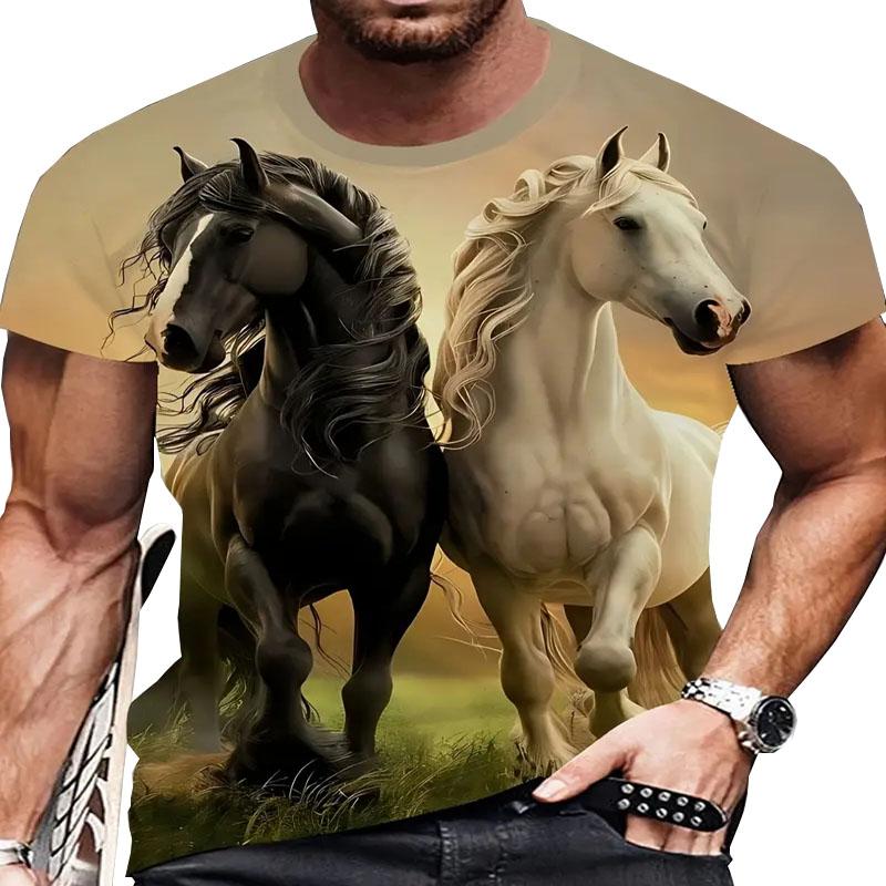 

Летняя полиэстеровая волокно модная скачущая лошадь цифровая печать мужская круглая горловина с короткими рукавами модный обычный стиль 6XL