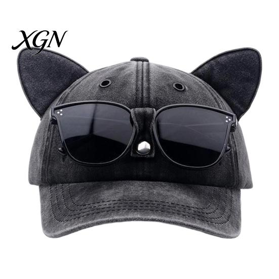 Unisex Hip Hop Cap Cat Ear Trucker Hat, Baseball with Detachable Sunglasses, Fashionable Outdoor Sun Hat Adjustable Pilot Style for Travel UV