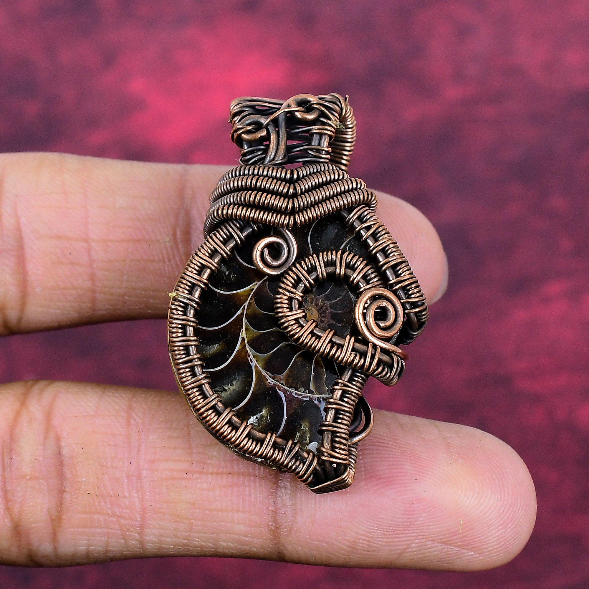 Ammonite Fossil Gemstone Pendant Copper Wire Wrapped Jewelry Handmade Pendant