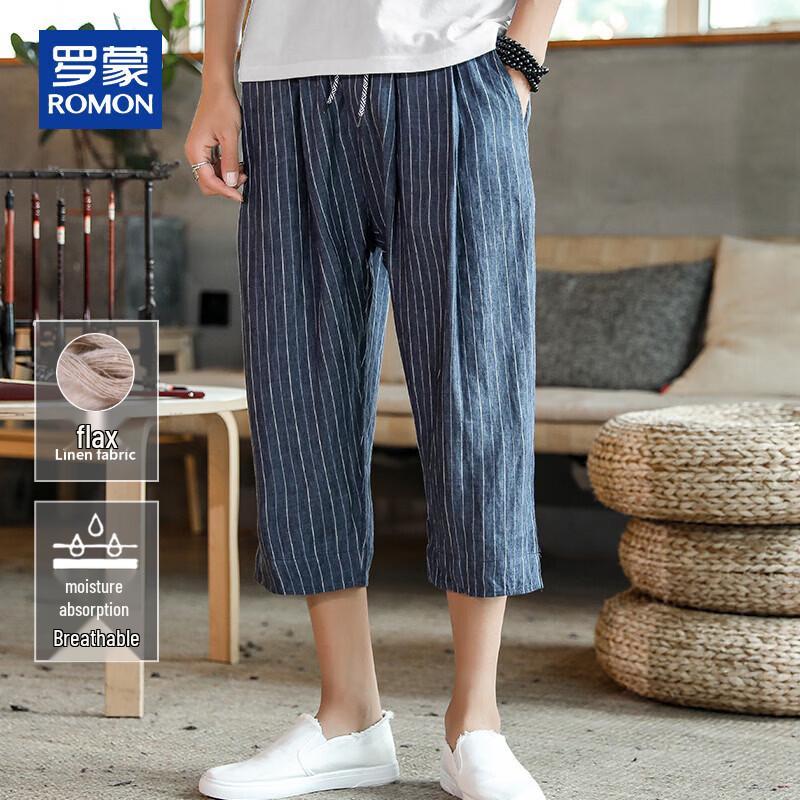 ROMON Men s Striped Cotton-Linen Drawstring Capri Pants M