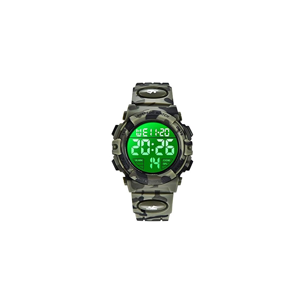 Kids Digital Sports Watch Boys Camouflage Green 50m Waterproof Dual Time LED Display Alarm Date Week Indicator
