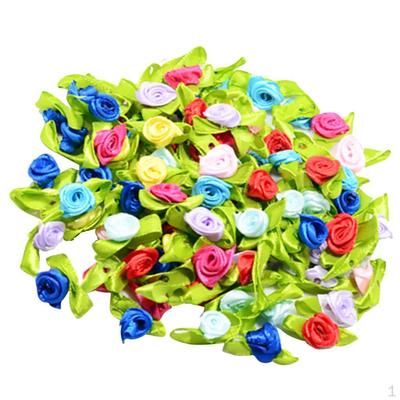 100 Pieces Satin Ribbon Tiny Rolled Flower with Green Leaves Wedding Decor Craft Sewing
