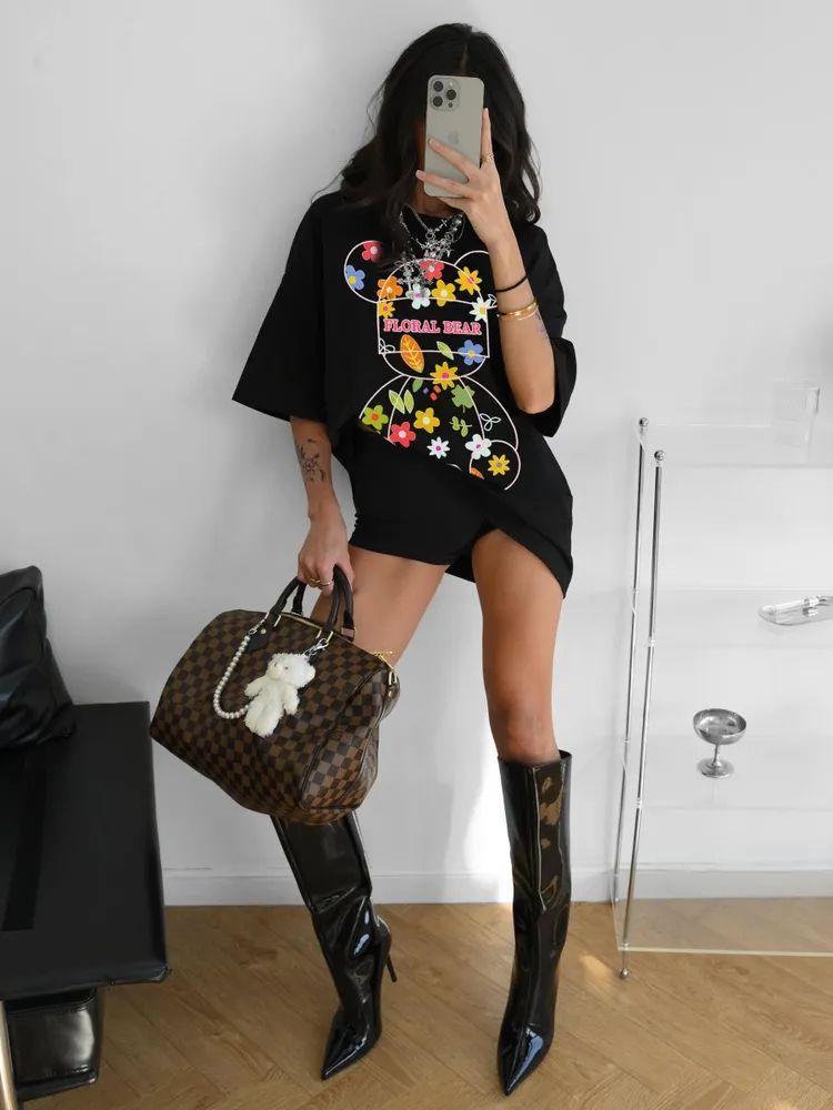 Trendy 2025 Bear Couple Print Loose Cotton T-Shirt XXL 1190₽