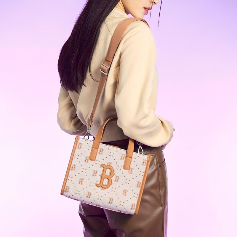 New MLB Synthetic Leather Tote Bag Shopping Bag Handbag Crossbody Bag Shoulder Bag Small Size Women's Brown 3AORS013N-43BRS