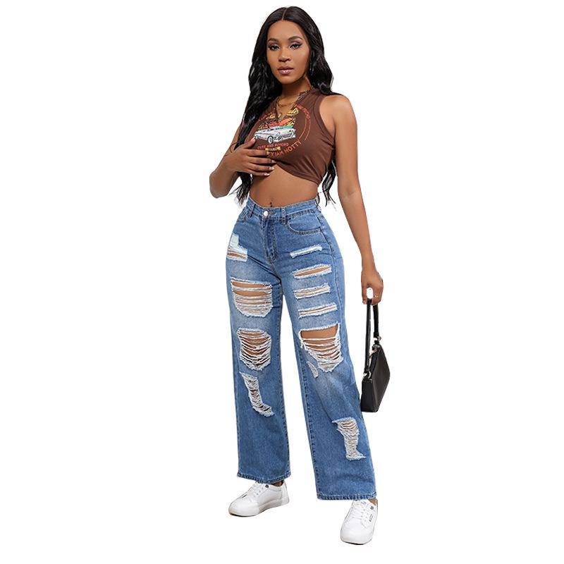 2023 Women s High Waist Ripped Jeans: European & American Style, High Stretch, Loose Straight Leg M
