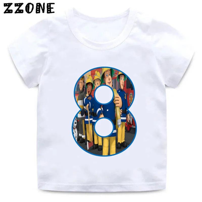 Fireman Sam Firefighter Print Cartoon Boys Clothes 1 2 3 4 5 6 7 8 9 Years Birthday Number Kids T shirt Cute Baby Girls TShirts