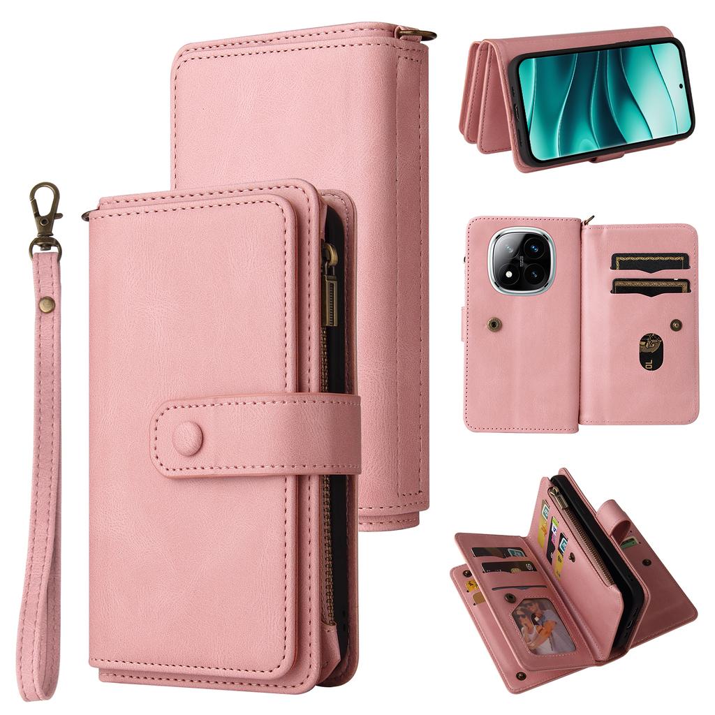 For Xiaomi Redmi Note 14 Pro+ 5G/Xiaomi Poco X7 5G/Xiaomi Redmi Note 14 Pro 5G Zipper Wallet Case with 15 Card Slots and Strap Leather Phone Cover