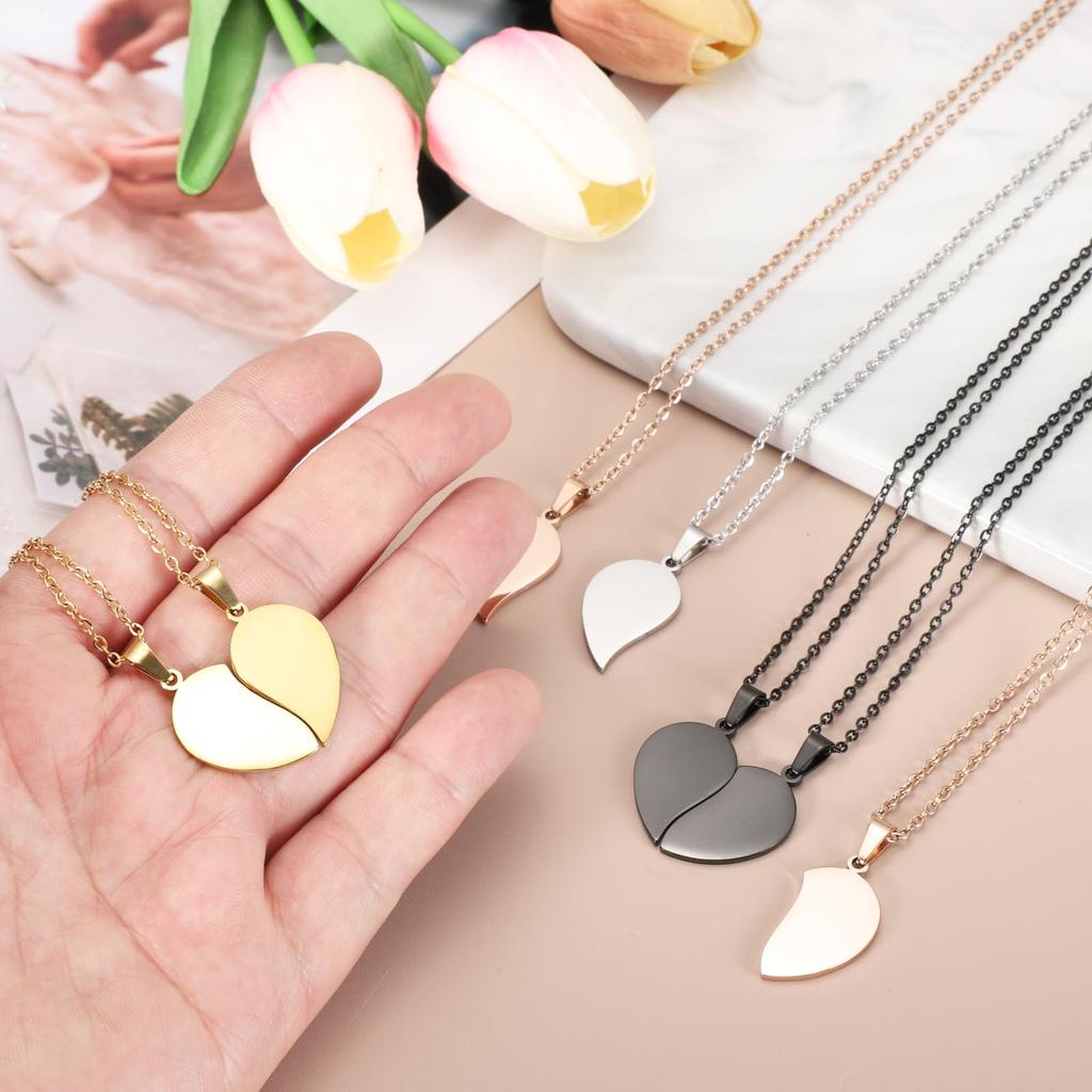[uxcell] 5-Piece Set Heart Pendant Couple Necklaces, Stainless Steel, Engravable, Adjustable Matching Necklaces for Best Friends, Two Half Heart