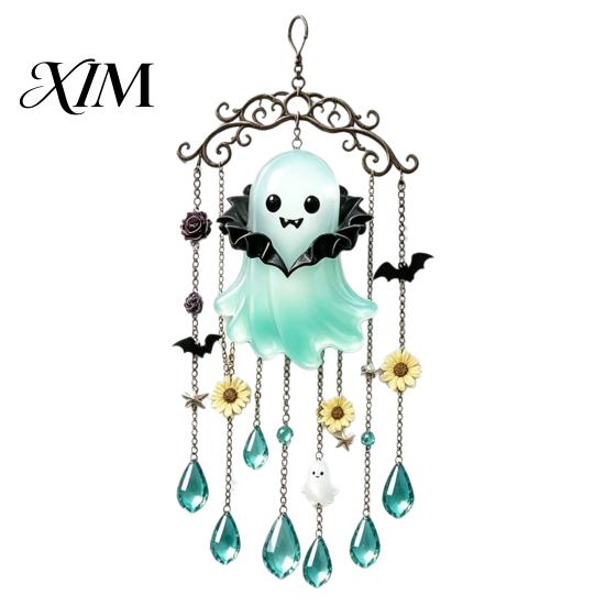 Holiday Wind Chime Halloween Ghost Decoration, Vintage Sun Catcher with Faux Crystal Drops Tassels, Acrylic Hanging Ornament for Party Window
