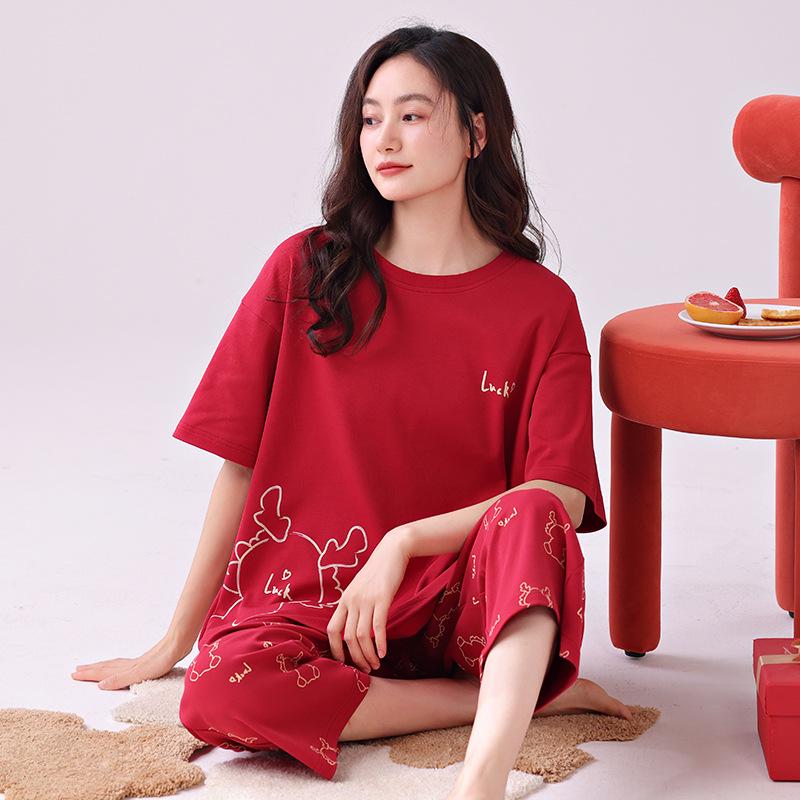 100% Cotton Women's Red Pajamas - Spring/Fall Wedding Year of the Rat Long Sleeve Plus Size Set