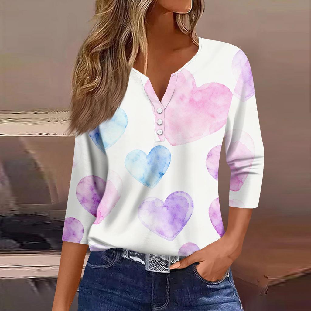 Women's Fashion Button-Up V-Neck Three-Quarter Sleeve Valentine's Day Print Top
