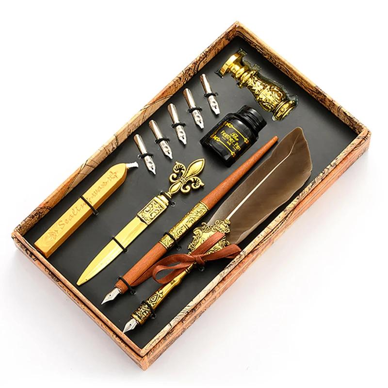 

Европейский стиль Dip Pens Set With Ink New Retro Dipping Quill Pens Wholesale Lacquer Seal Student Feather Pencil Gifts серый