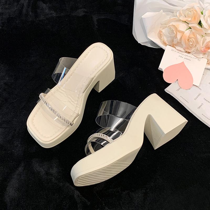 Thick-soled High-heeled Slippers for Women's Summer Outer Wear New Year's Transparent One-word with Rhinestone Thick Heel Premium Cool Slippers