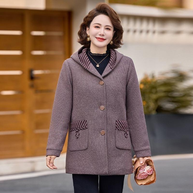 Middle-aged women's new hooded woolen coat mother winter clothing casual noble medium and long woolen coat clothing
